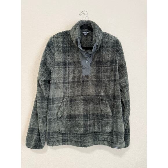 Eddie Bauer Gray Plaid Snap Front Sherpa Fleece Pullover Sweatshirt Women’s L - Picture 1 of 4